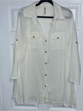 Women's Cream Midi Button-Front Shirt Dress